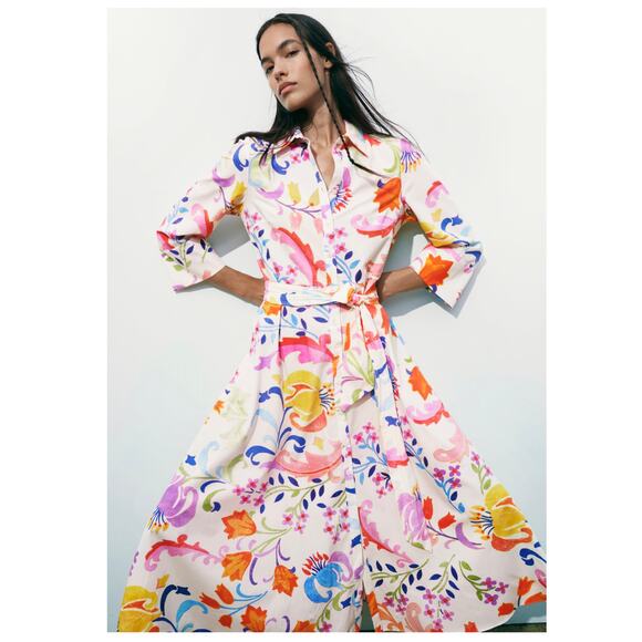 Zara Printed Belted Maxi Shirtdress - Picture 1 of 13